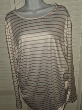 Women's New Lomon XXL Crewneck White & Pink Striped SOFT Rouched Tunic Top NWT